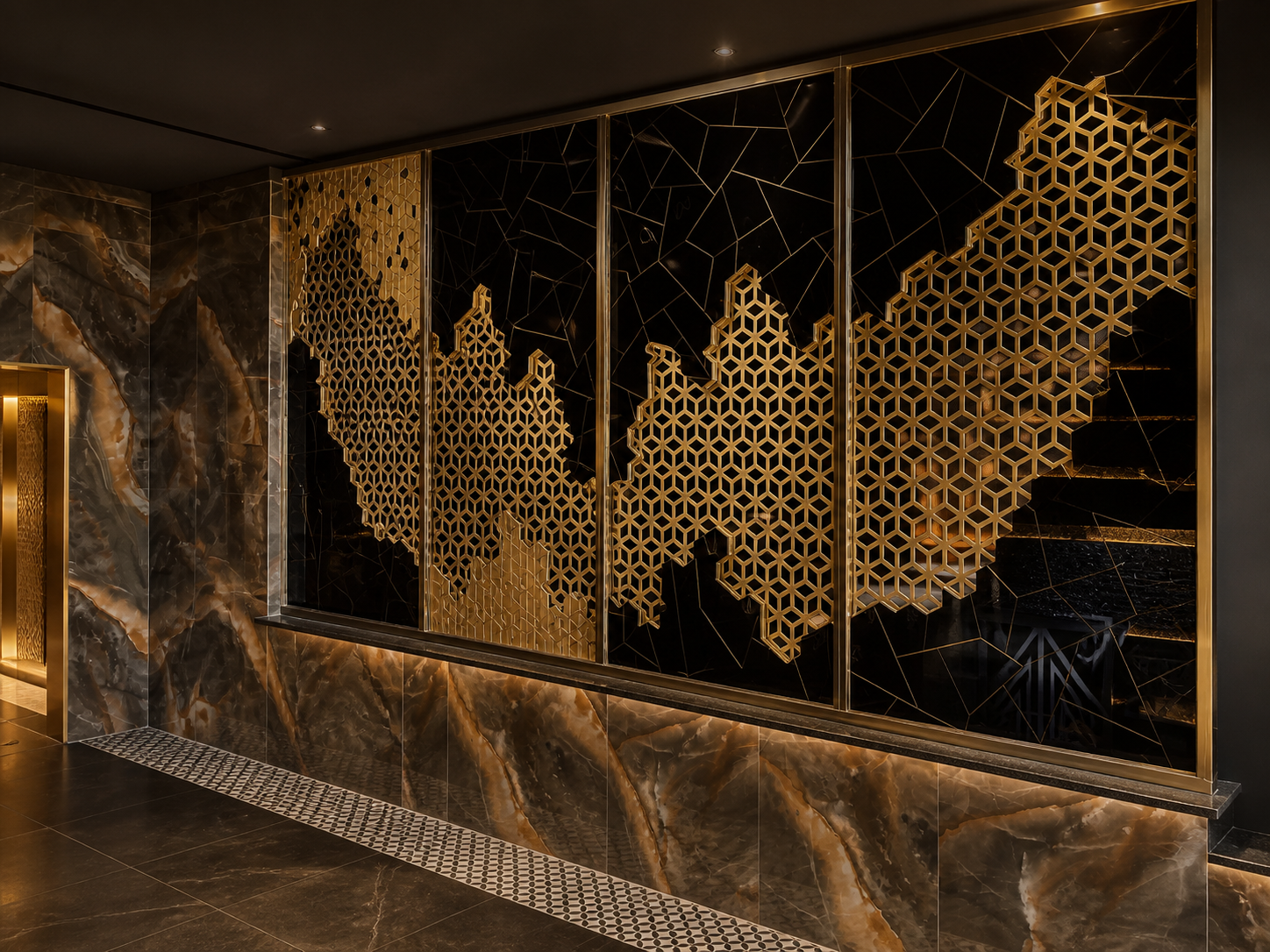 Precision CNC-cut geometric decorative panels installed as a luxury hospitality feature wall