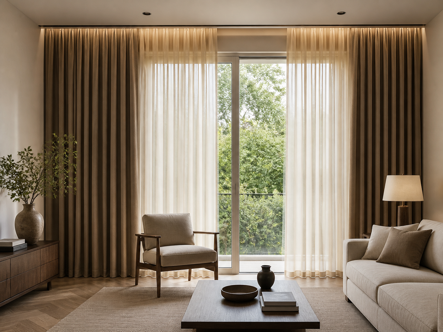 Full-height layered sheers and blackout curtains installed on a ceiling-mounted double rail
