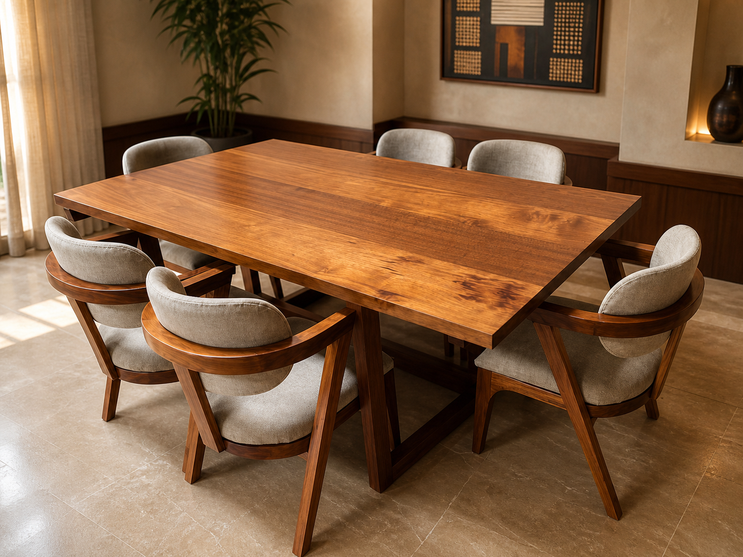 Solid wood dining table and upholstered chairs in an elegant private dining room