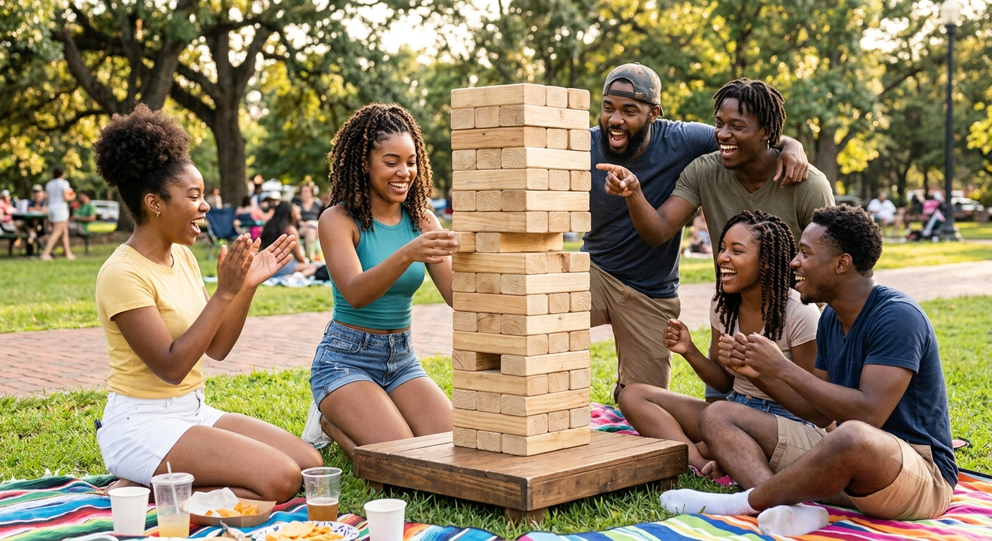 Guests enjoying a giant handcrafted timber tower game at an outdoor experiential event