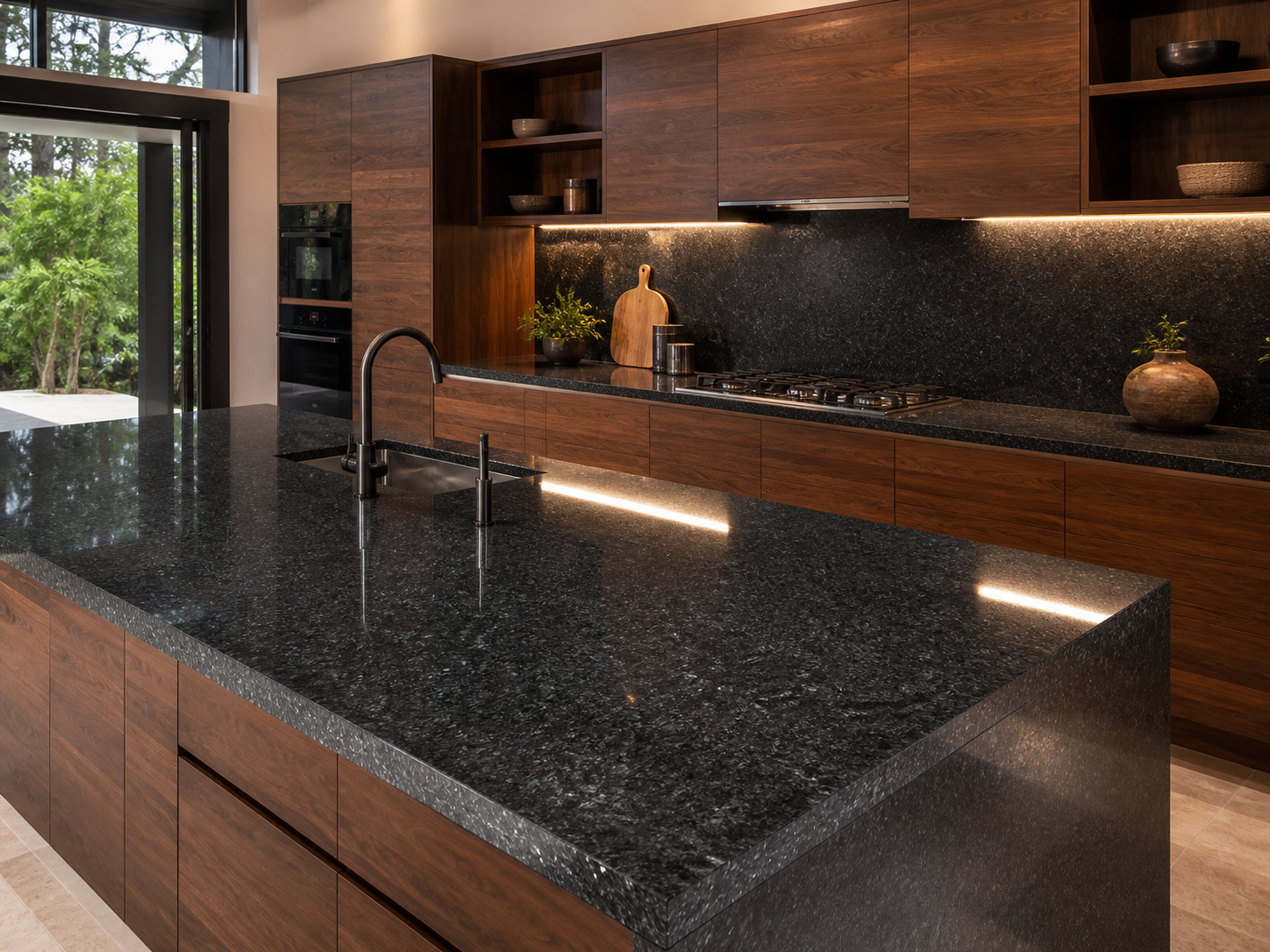 Polished dark granite kitchen worktops installed over walnut cabinetry