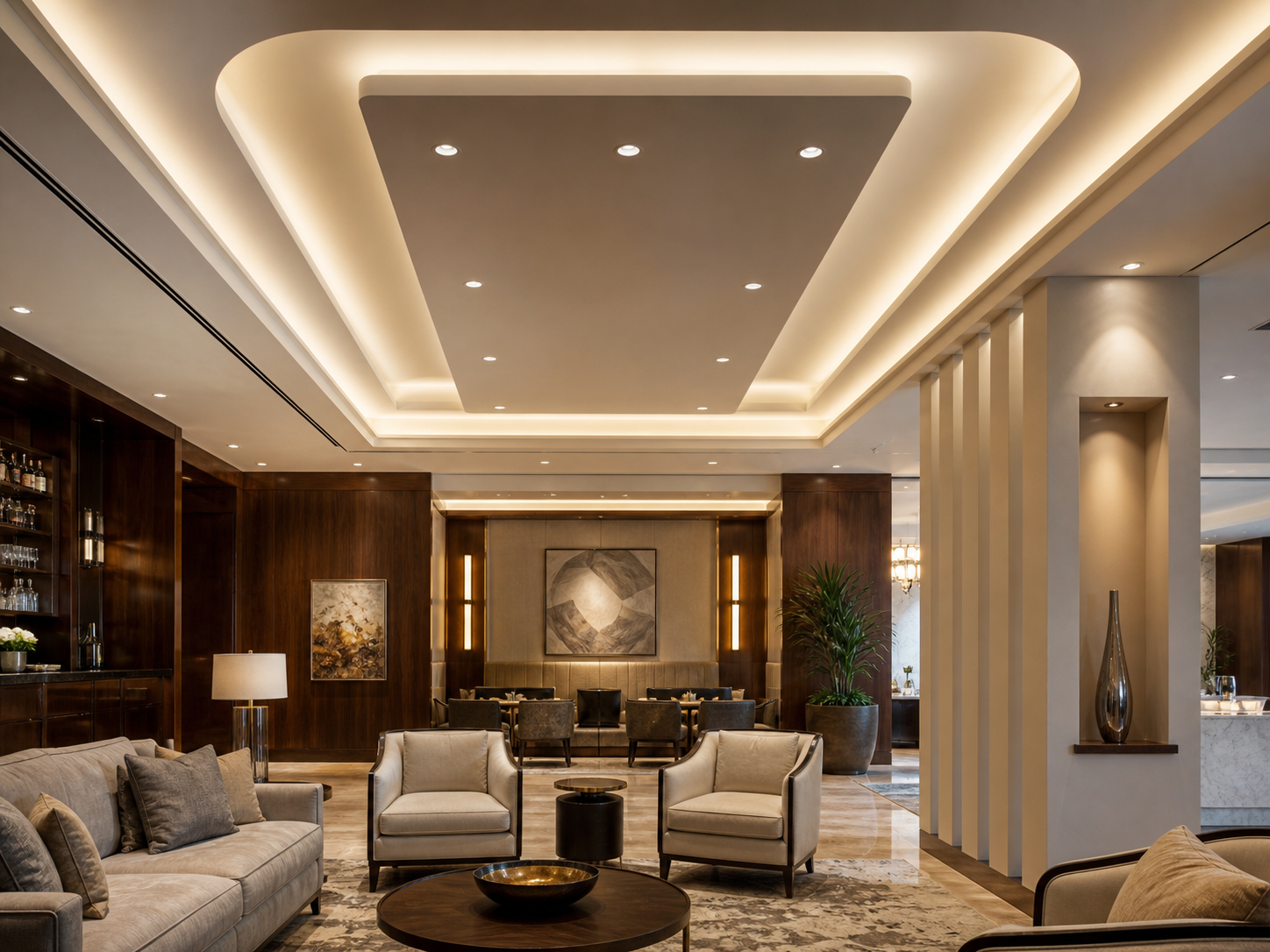 Premium gypsum ceiling with floating bulkheads, curved details, recessed lights and warm concealed LED lighting