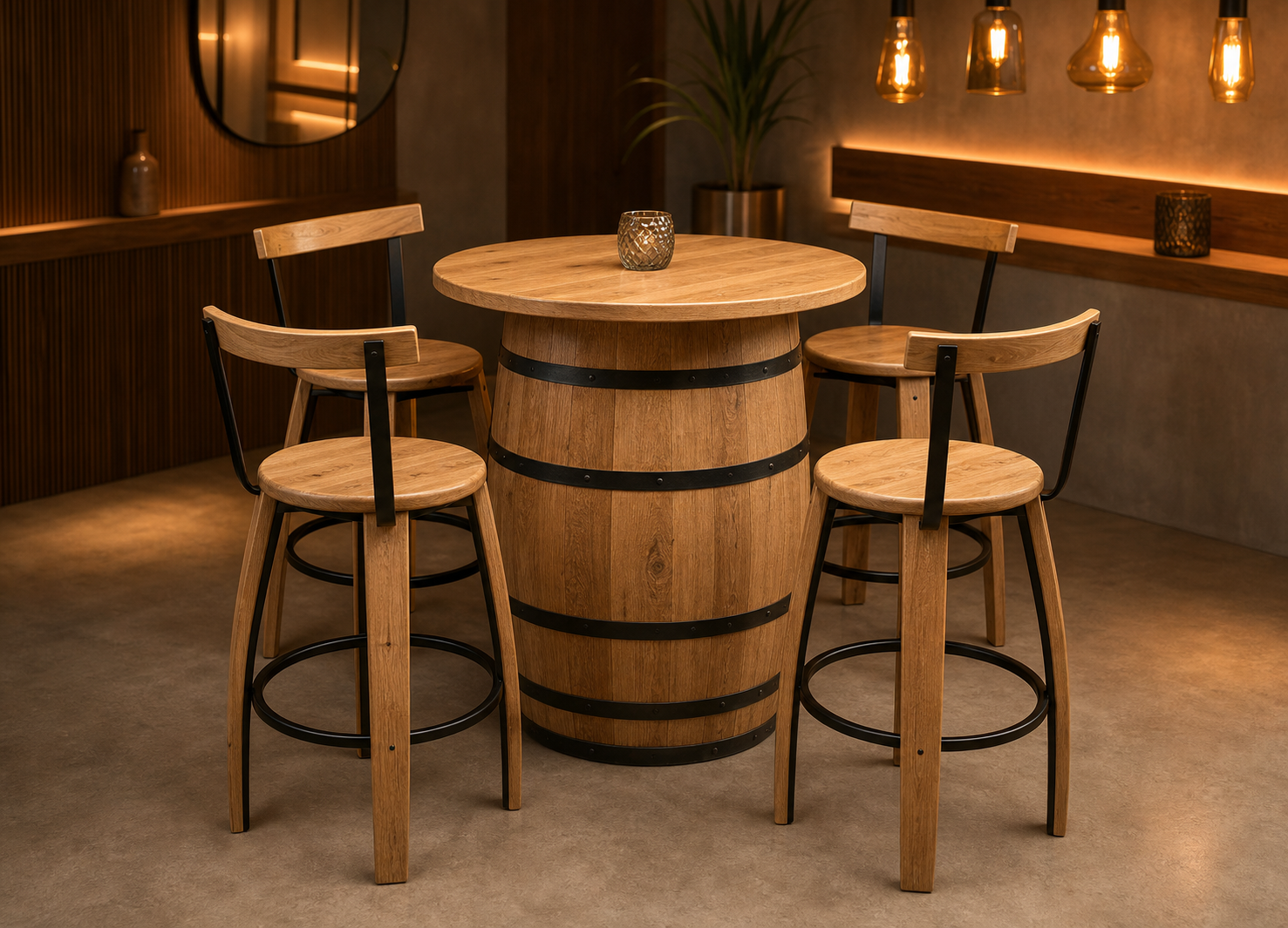 Ornamental timber barrel-height table with four coordinated timber-and-metal stools in a refined tasting lounge