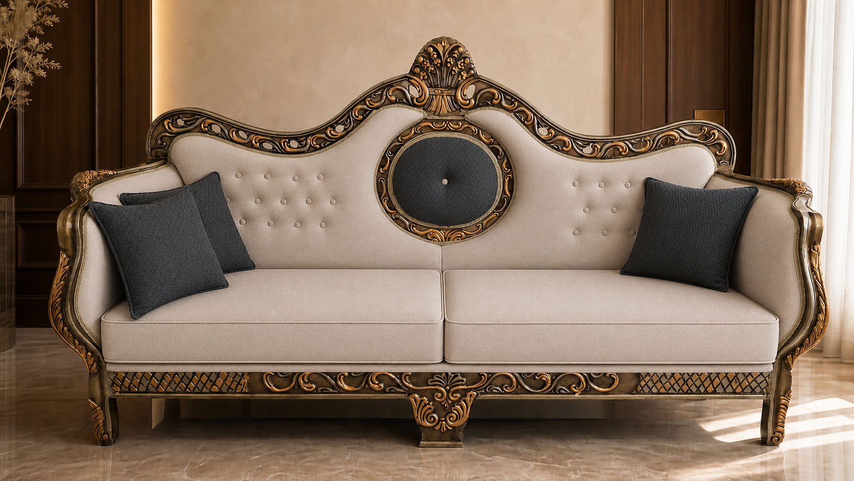 Ornate handcrafted Heritage Carved Grand Sofa with fresh tailored upholstery in a refined hotel lounge