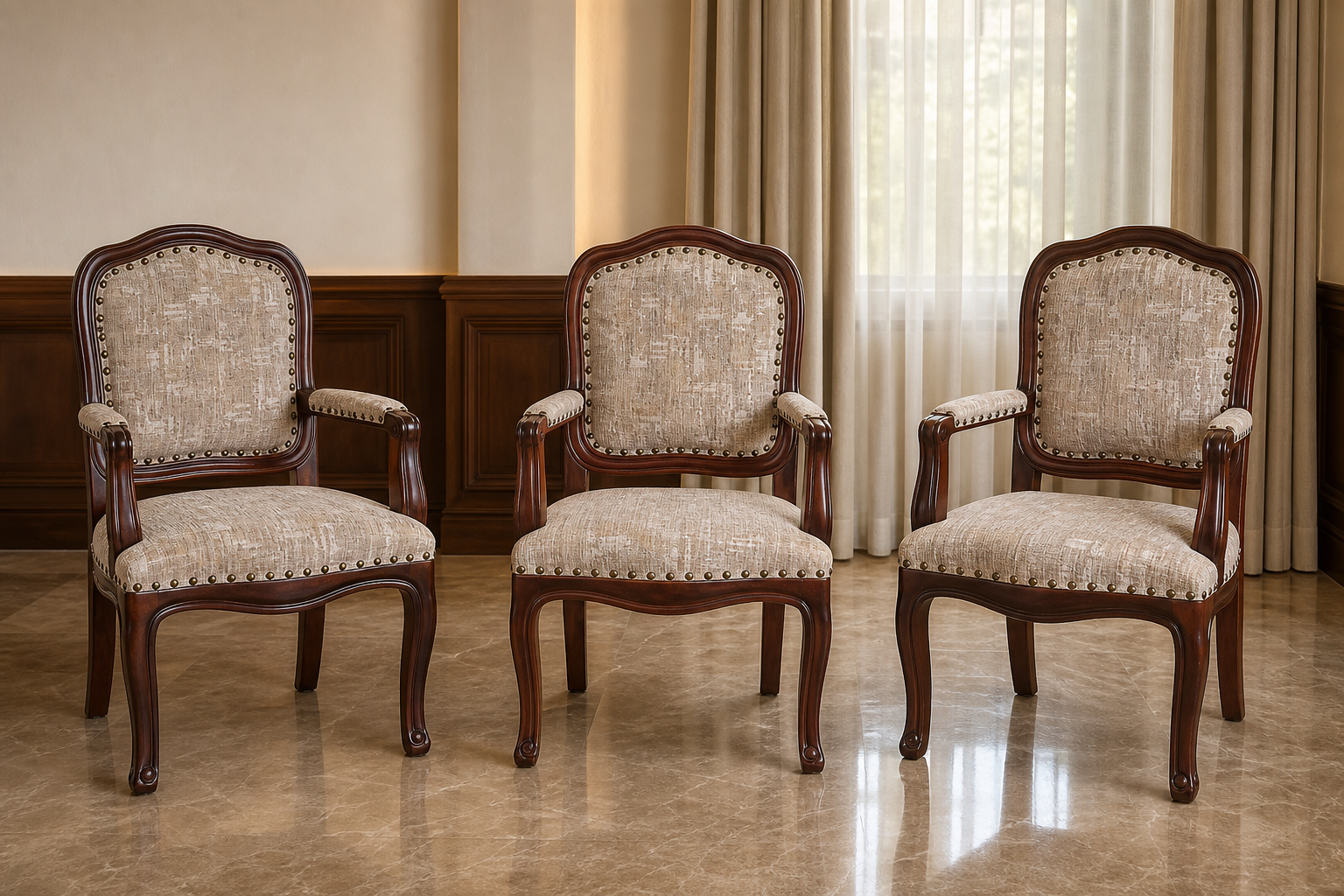 Three handcrafted Heritage Executive Armchairs in an elegant executive lounge