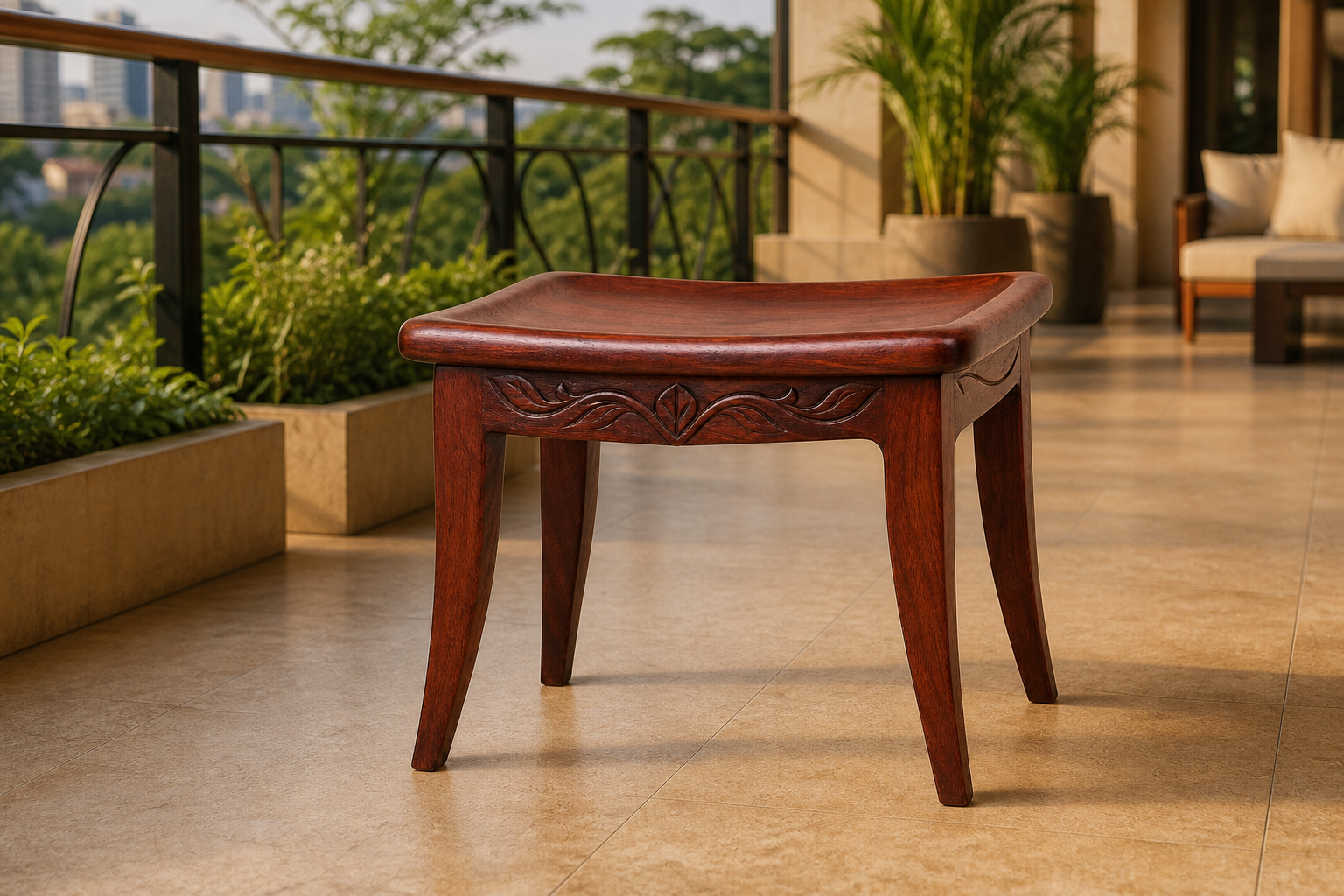Standalone handcrafted mahogany stool with a sculpted seat, tapered legs and carved leaf detailing