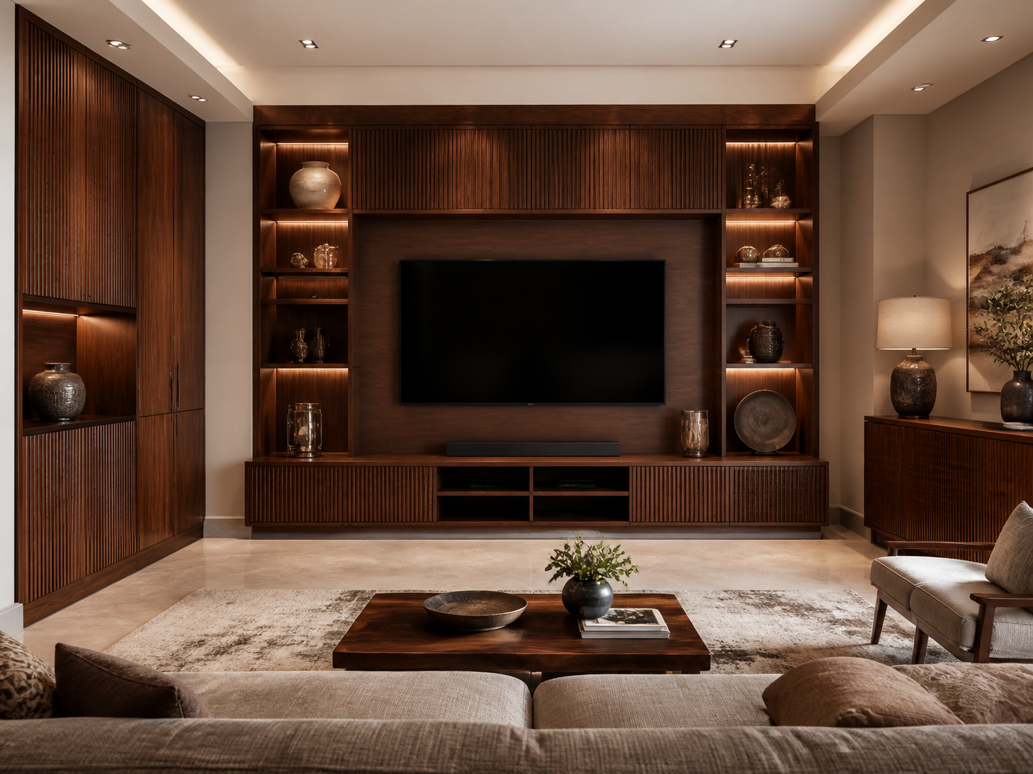Bespoke walnut interior cabinetry with a media wall, display niches and integrated lighting