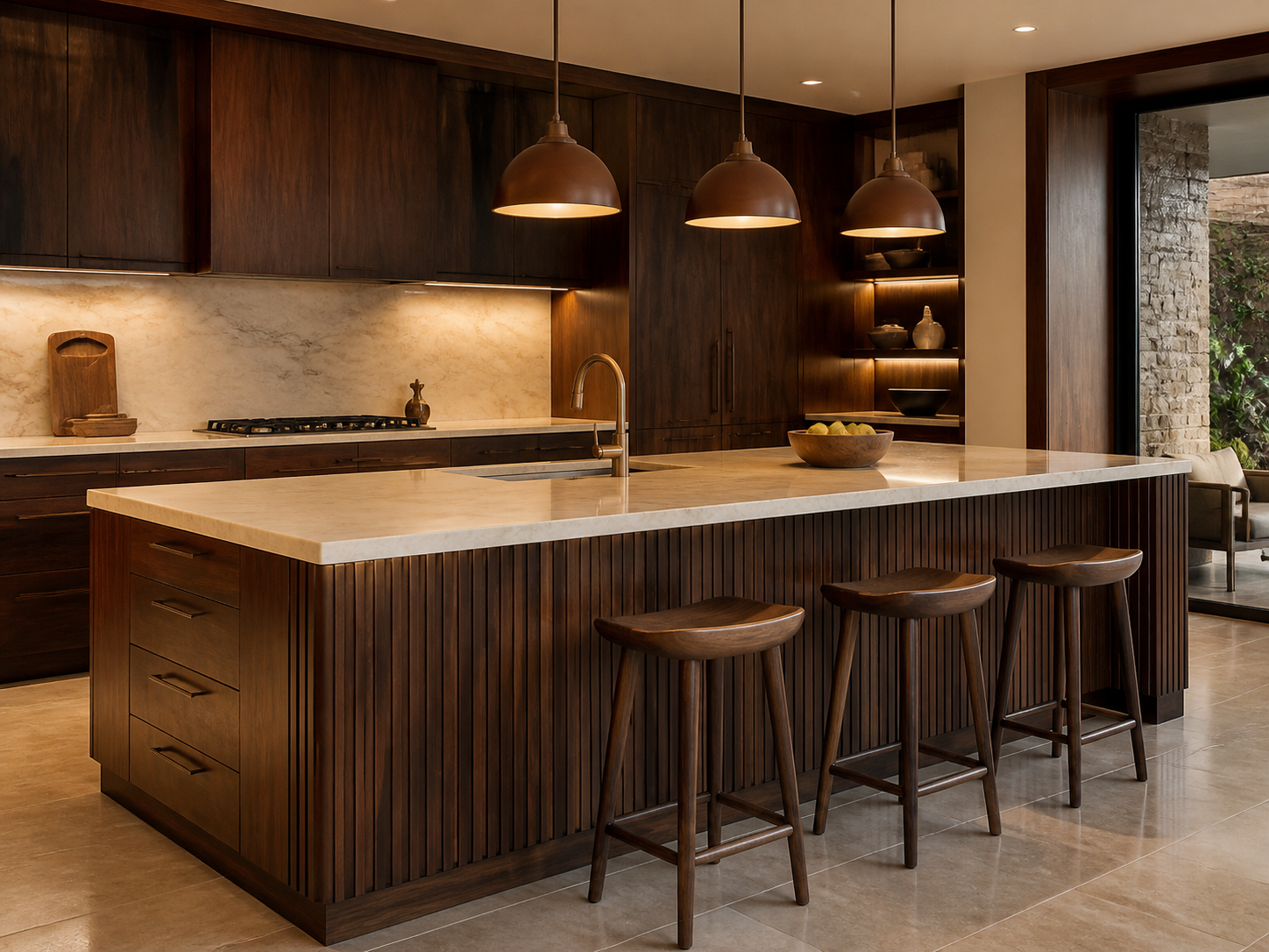 Signature walnut kitchen island with stone worktop, storage and counter seating