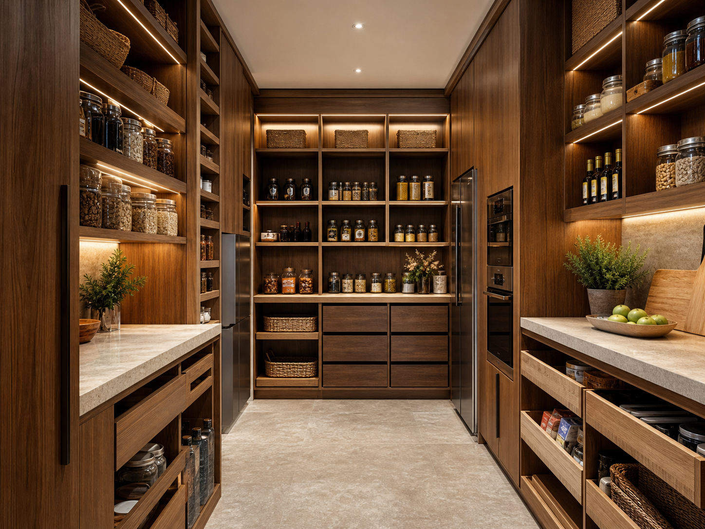 Walk-in walnut kitchen pantry with illuminated shelving, drawers and preparation counters