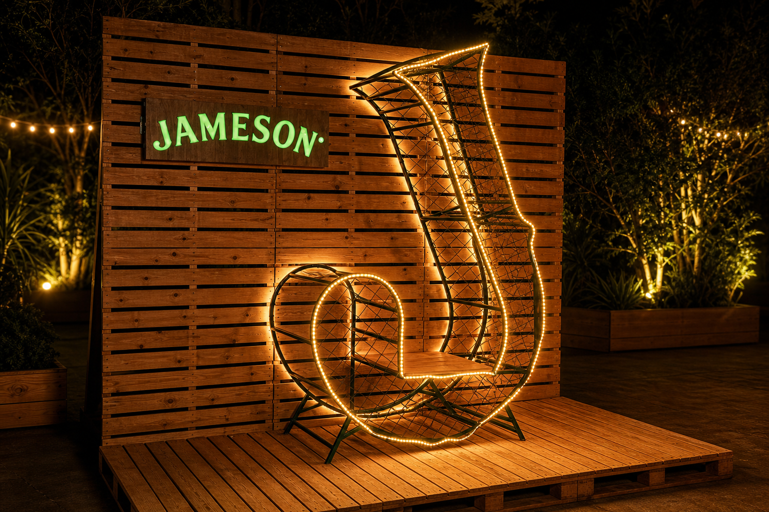 Life-size illuminated Jameson letter installation fabricated from steel, mesh and timber for a nighttime brand activation