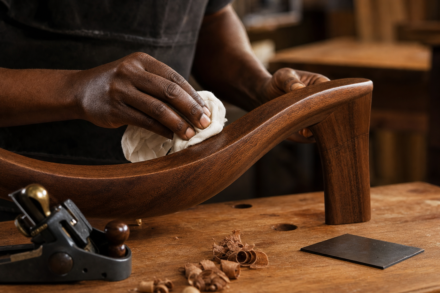 Skilled artisan hand-finishing a sculpted solid-mahogany furniture component