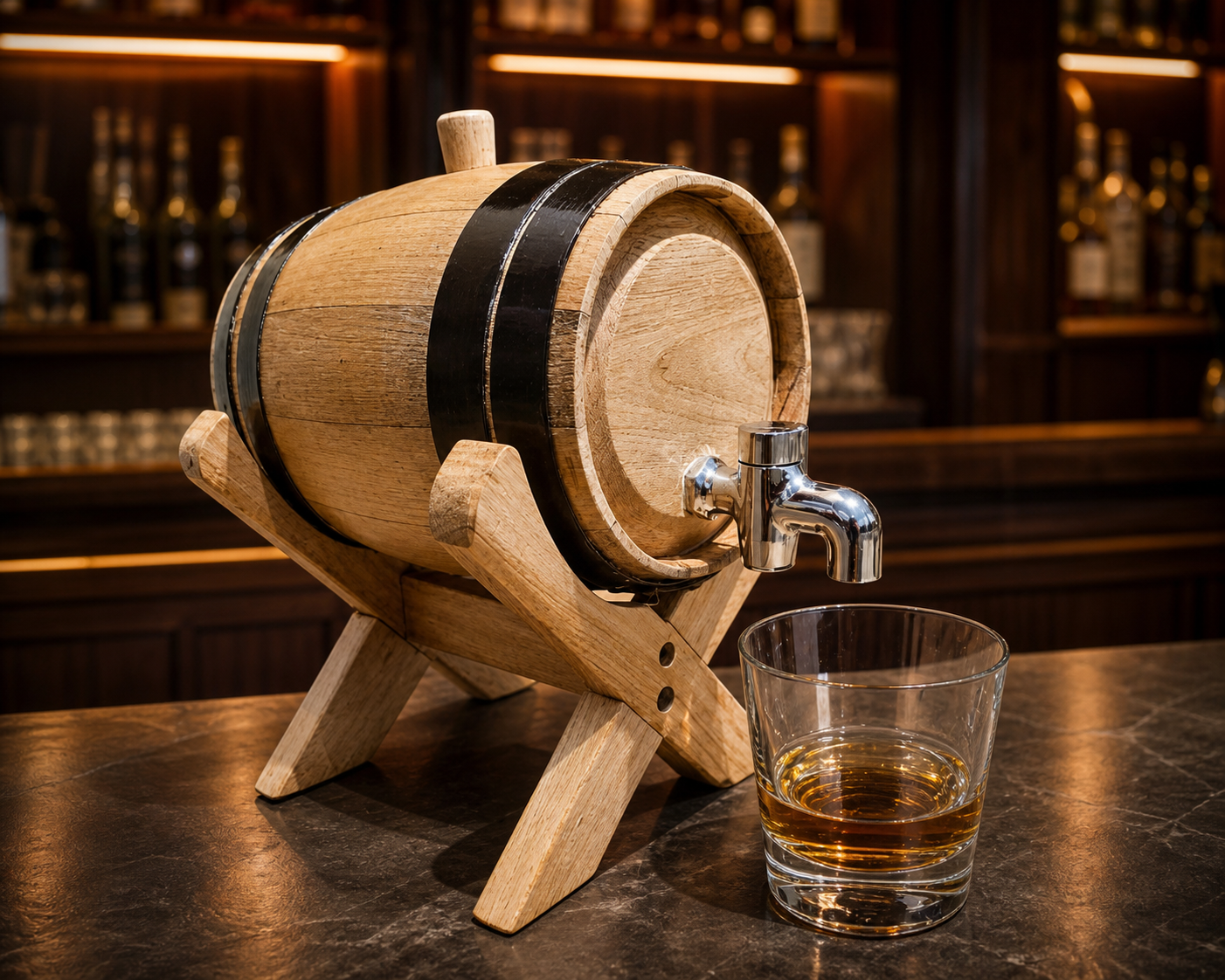 Handcrafted Meru Oak beverage dispensing cask with polished tap