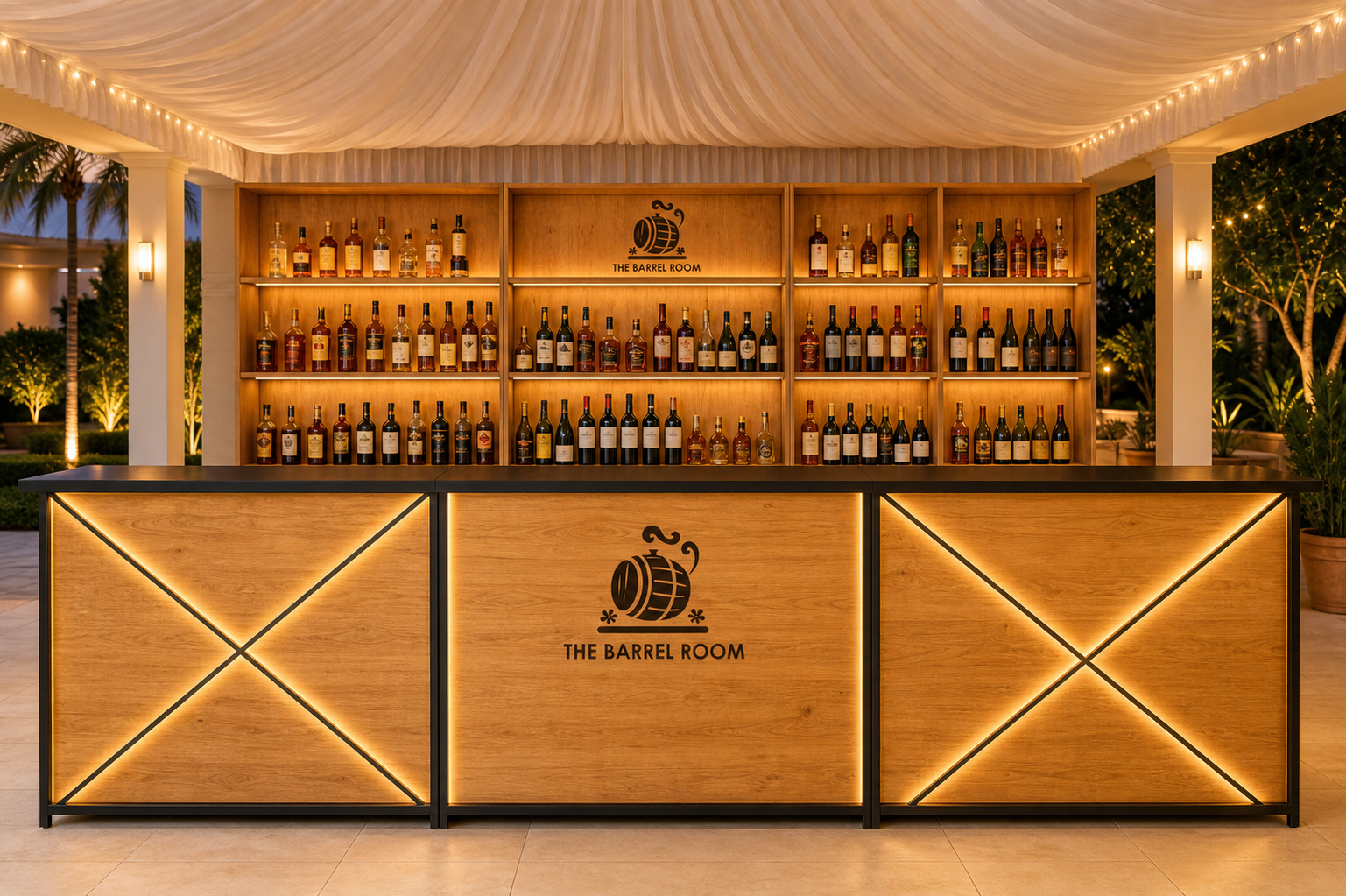 Custom illuminated timber-and-steel modular bar counter with matching backbar shelving