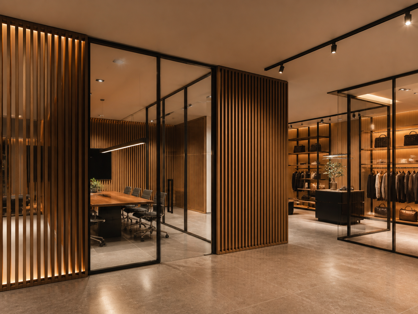 Walnut slatted and glass partitions dividing an office meeting room and boutique interior