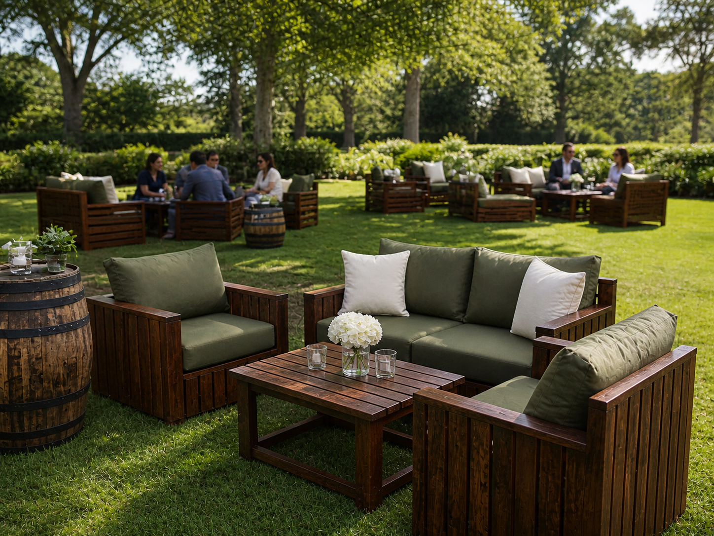 Sharp detailed view of custom outdoor lounge furniture at a hospitality event