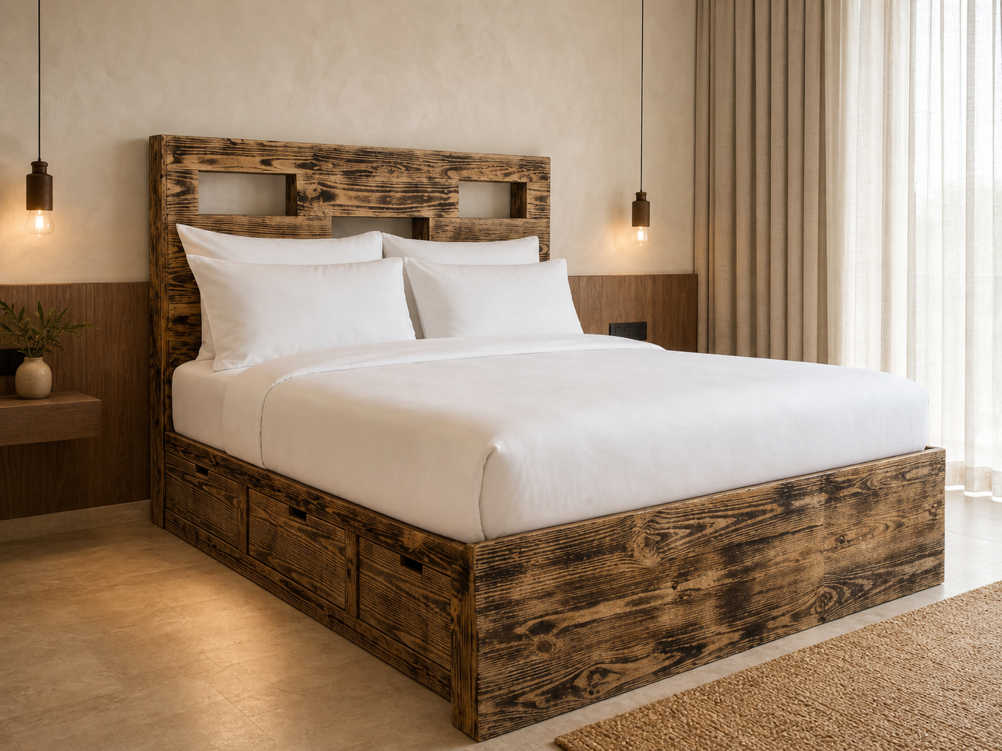 Handcrafted hotel storage bed with crisp white bedding in a bright boutique hotel room