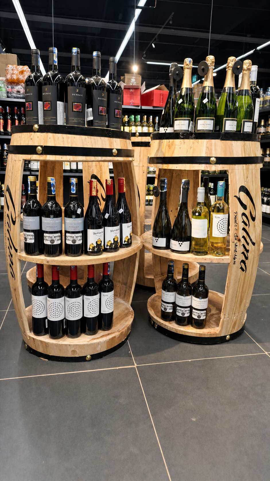 Sharp detailed view of wooden barrel-inspired retail wine displays