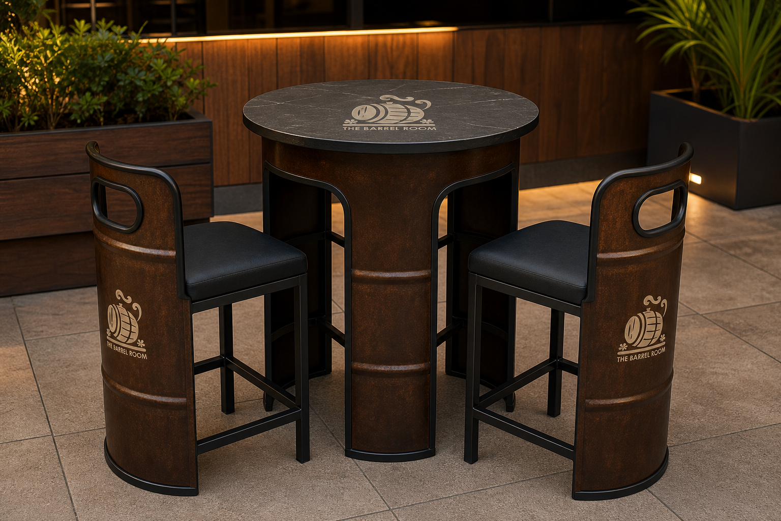 Rustic brown branded metal drum bistro set with one table and two seats in an elegant hospitality setting