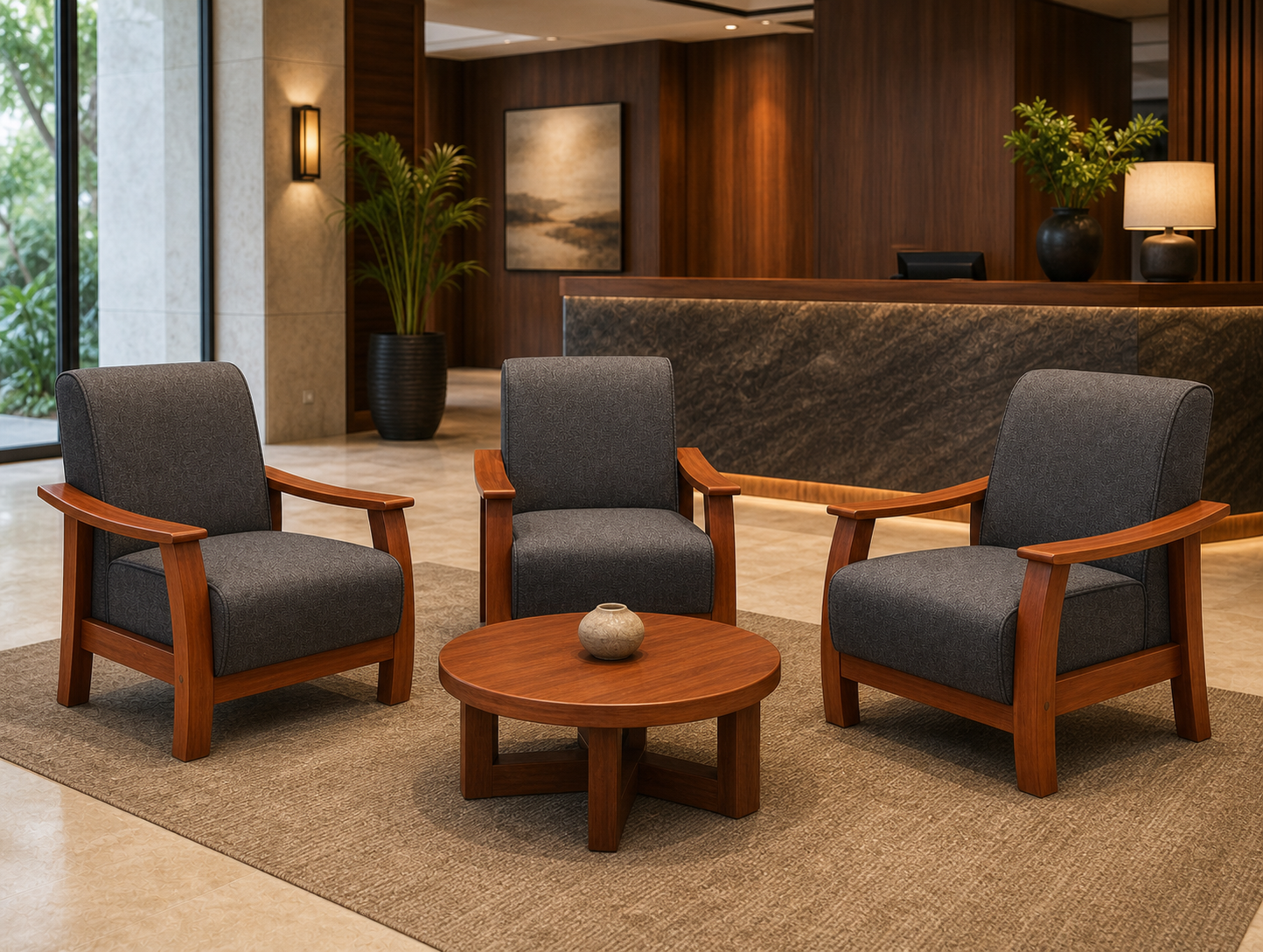 Three handcrafted timber lounge armchairs with fresh charcoal upholstery in an elegant boutique hotel lobby