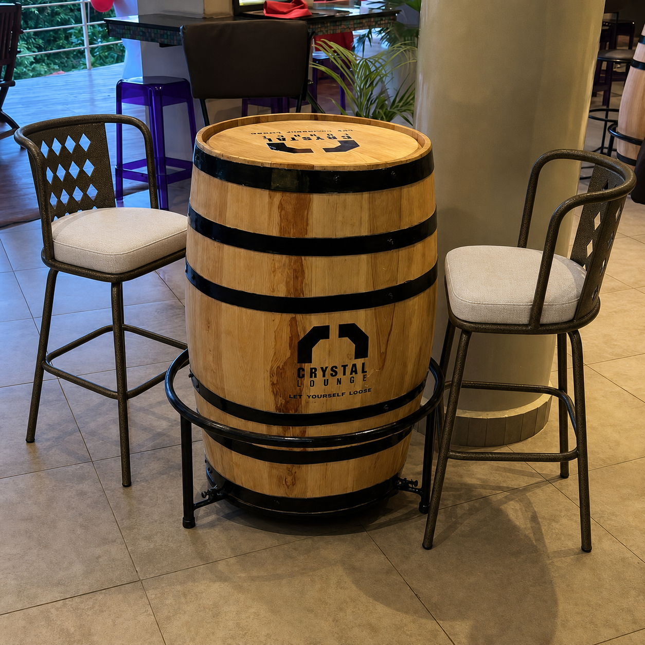 Sharp barrel-inspired statement bar table with two fabricated metal stools