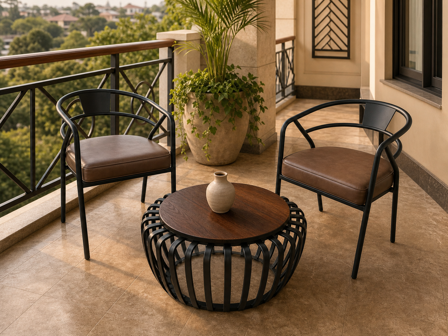 Two upholstered metal armchairs and a sculptural basket-frame coffee table on an elegant hotel balcony