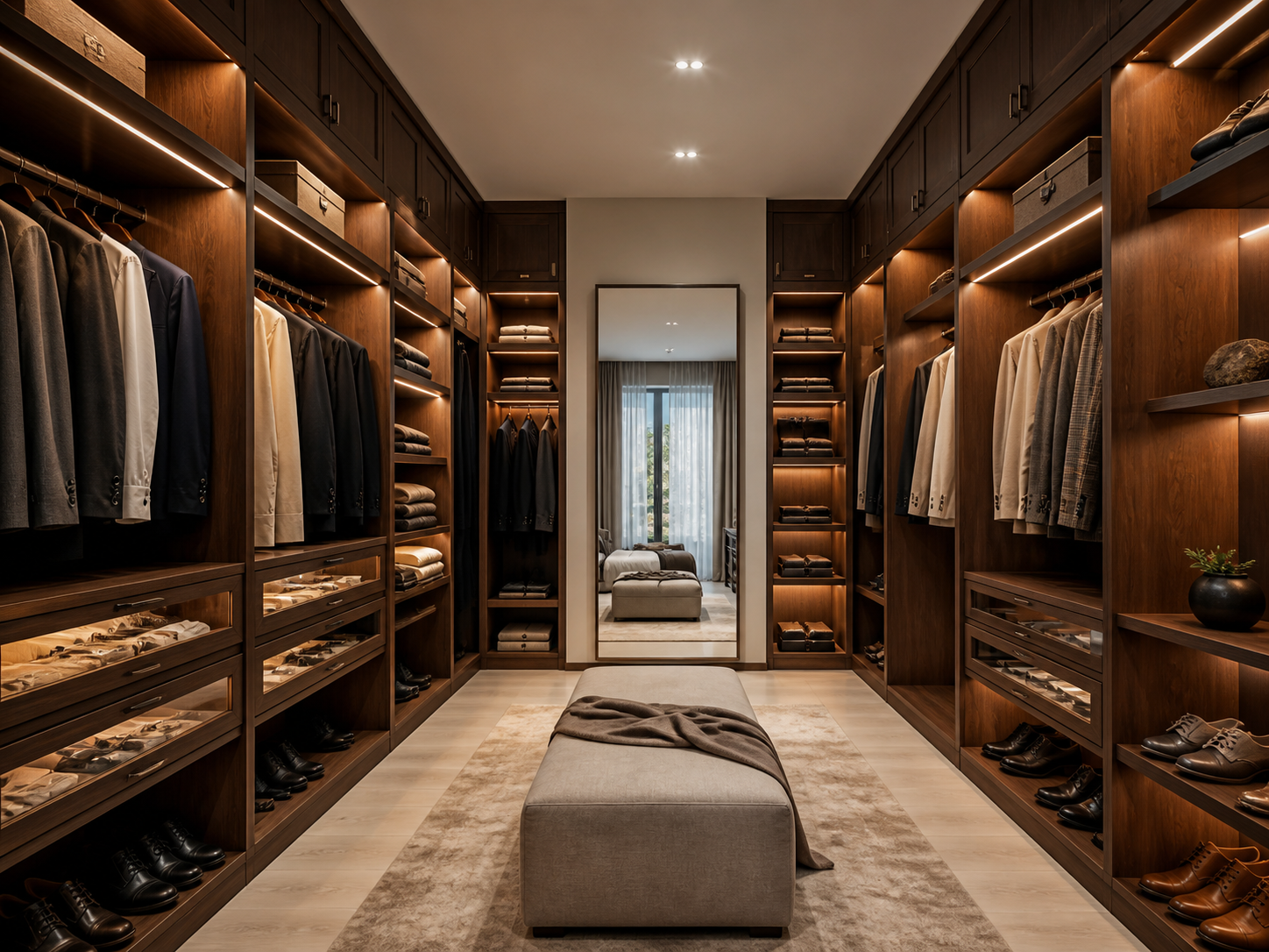 Bespoke walnut walk-in closet with hanging spaces, drawers, shoe storage and lighting